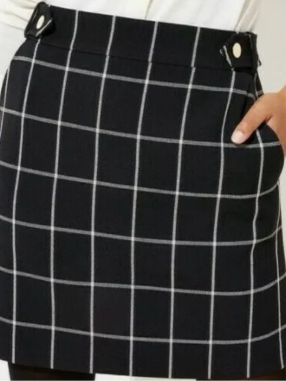Loft Black & White Windowpane Straight 18" Button Tab Belt Loop Lined Skirt Sz 4
